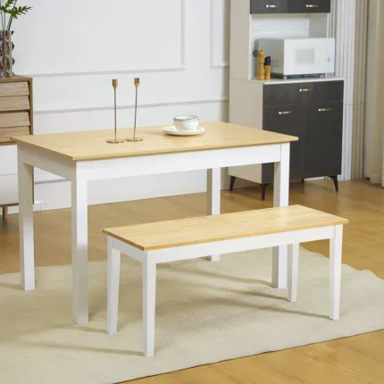 Wooden bench indoors beside dining table in a bright kitchen, seating bench for two people.