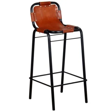 Two vidaXL bar stools with black frames and real leather seats in a studio setting.