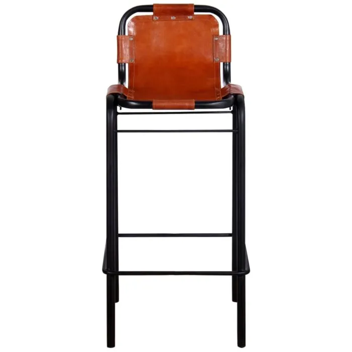 Vidaxl Bar Stool with Black Metal Frame and Real Leather Seat in Tan Color Front View