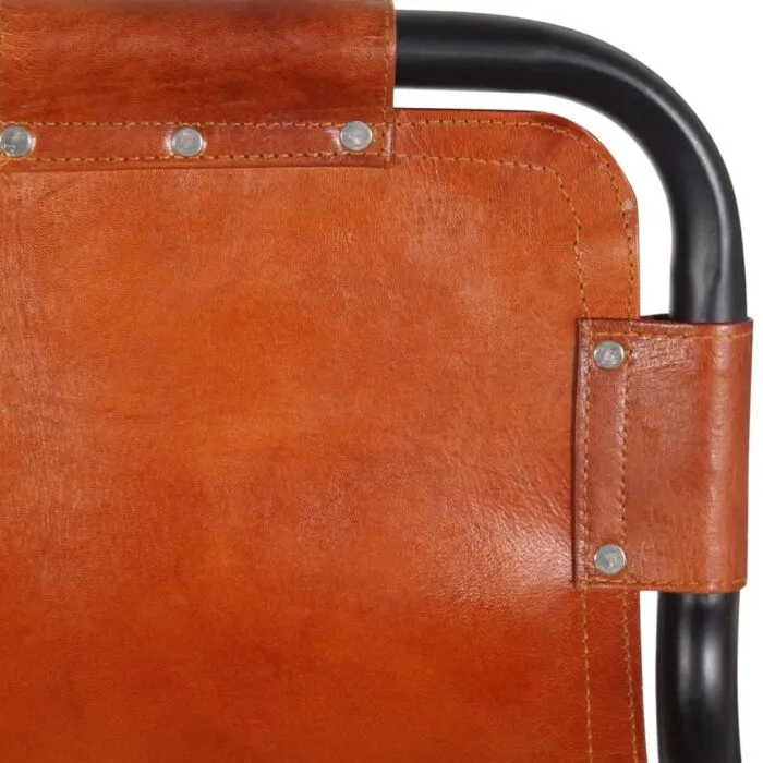 Close up of Vidaxl Real Leather Bar Stool with Tan Upholstery and Black Metal Frame