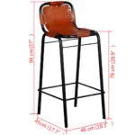 Vidaxl Bar Stool with Black Metal Frame and Real Leather Seat Dimensions Labeled