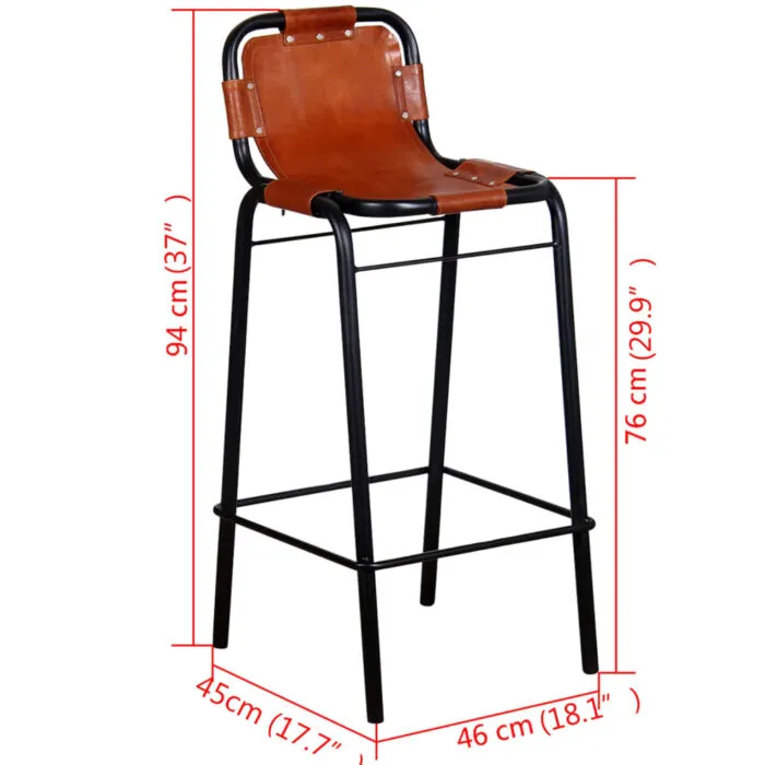 Vidaxl Bar Stool with Black Metal Frame and Real Leather Seat Dimensions Labeled