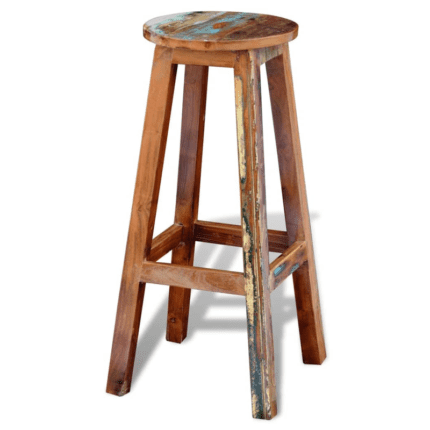 vidaXL bar stool made of solid reclaimed wood with colorful accents on a white background.