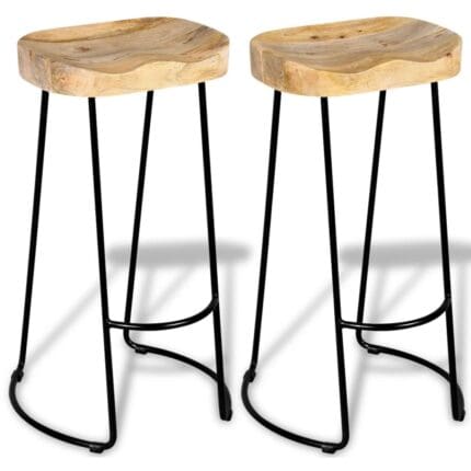 Two vidaXL bar stools with solid mango wood seats and black metal legs.