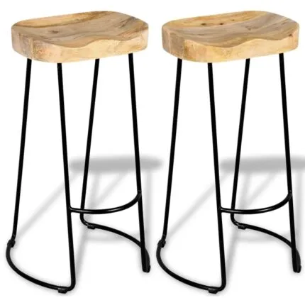 Two vidaXL bar stools with solid mango wood seats and black metal legs.