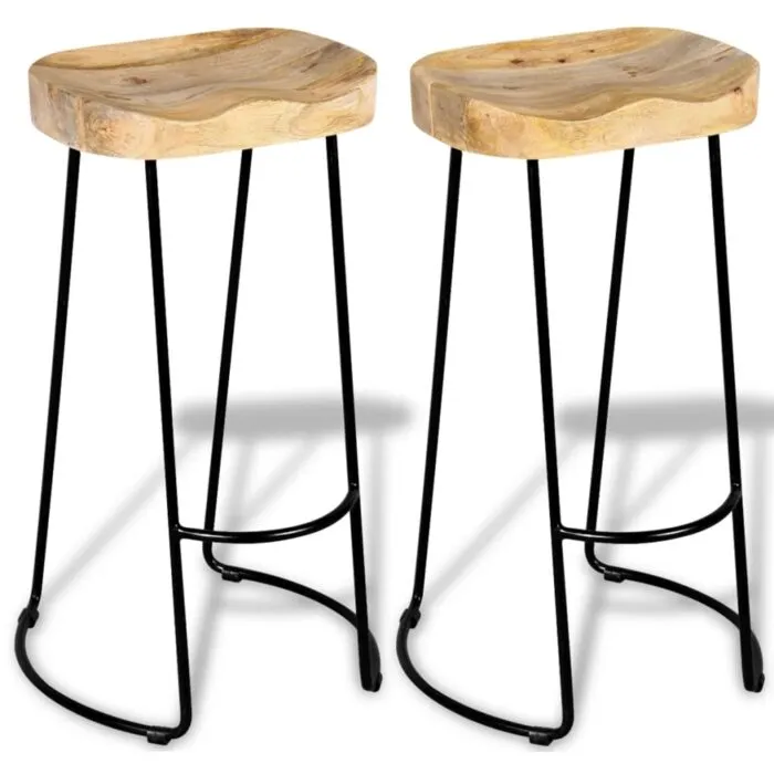 Two Vidaxl Bar Stools with Solid Mango Wood Seats and Black Metal Legs