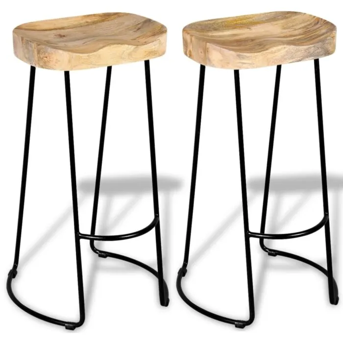 Two Vidaxl Bar Stools with Solid Mango Wood Seats and Sleek Black Metal Legs