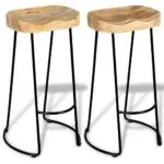 Two Vidaxl Bar Stools with Solid Mango Wood Seats and Black Metal Legs on a White Background