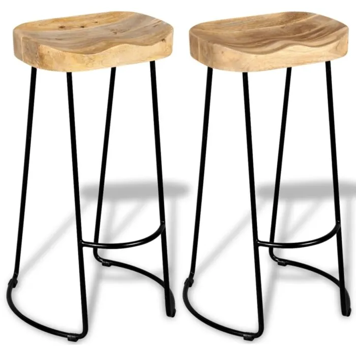 Two Vidaxl Bar Stools with Solid Mango Wood Seats and Black Metal Legs on a White Background