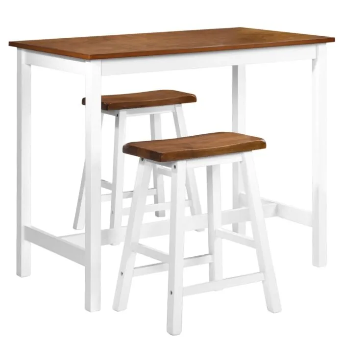 Vidaxl Bar Table and Stool Set 3 Pieces Solid Wood with White Legs and Brown Tops