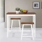Vidaxl Bar Table and Two Stools in Solid Wood White Legs with Contrasting Dark Brown Top Decorated with Fruit Bowl