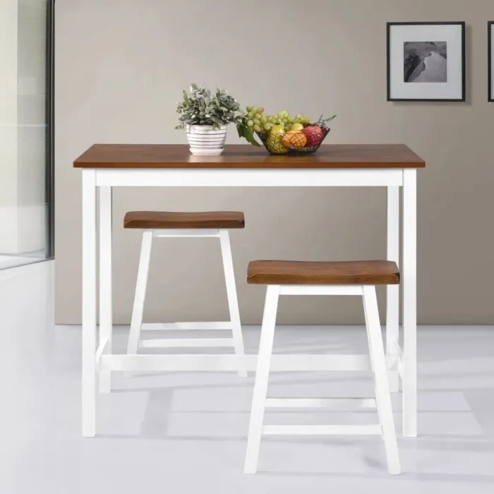 Vidaxl Bar Table and Two Stools in Solid Wood White Legs with Contrasting Dark Brown Top Decorated with Fruit Bowl