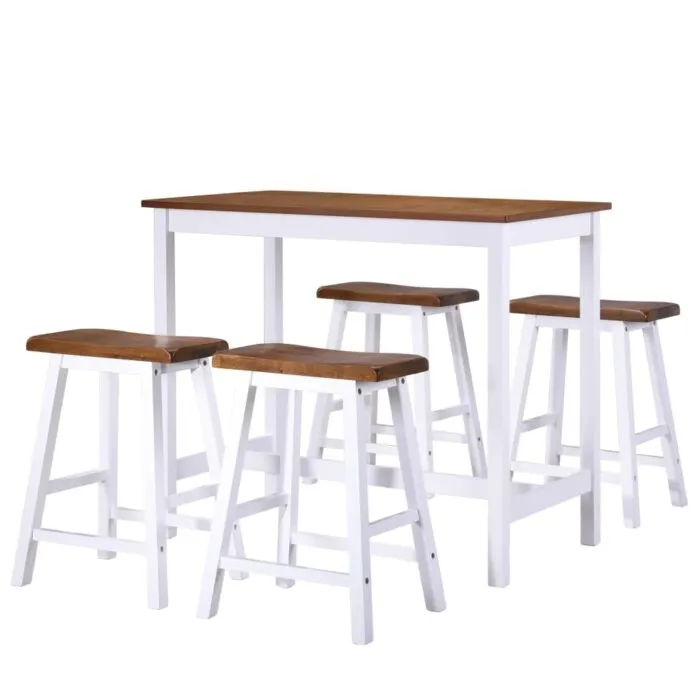 Vidaxl Bar Table with Four Stools Solid Wood Tops and White Legs