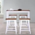Vidaxl Bar Table and Three Stools in White and Wood Finish Displayed in a Minimalist Grey Room