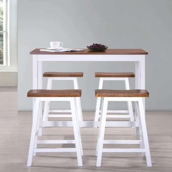Vidaxl Bar Table and Three Stools in White and Wood Finish Displayed in a Minimalist Grey Room