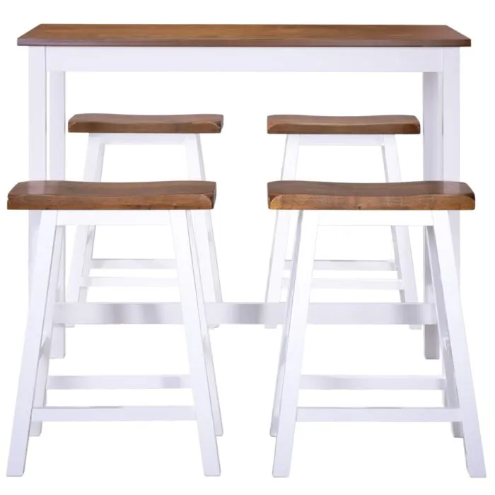 Vidaxl Bar Table and Four Stools Set Solid Wood with White Legs and Brown Tops