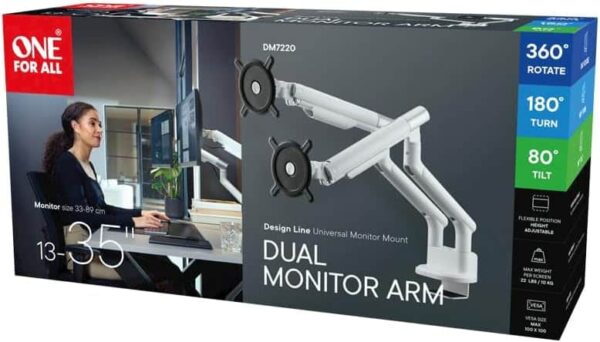 One For All DM7220 Design Line Dual Monitor Mount - White/Silver - Image 5