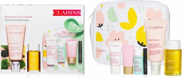 Clarins Beautiful Beginnings Gift Set 175ml Stretch Mark Expert + 30ml Exfoliating Body Scrub + 15ml Multi-Active Day Cream + 100ml  Tonic Treatment Oil + 3ml Supra Lift & Curl Mascara + Comforter - Image 2