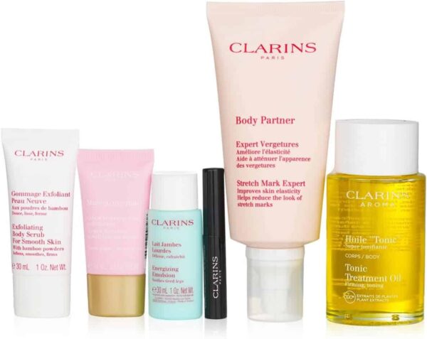 Clarins Beautiful Beginnings Gift Set 175ml Stretch Mark Expert + 30ml Exfoliating Body Scrub + 15ml Multi-Active Day Cream + 100ml  Tonic Treatment Oil + 3ml Supra Lift & Curl Mascara + Comforter - Image 3