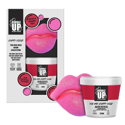 Bubble Up Kiss Kiss Boom Gift Set 150g Fizzy Kissy Bath Fizzer + 200g Cherry Nice Body Butter
