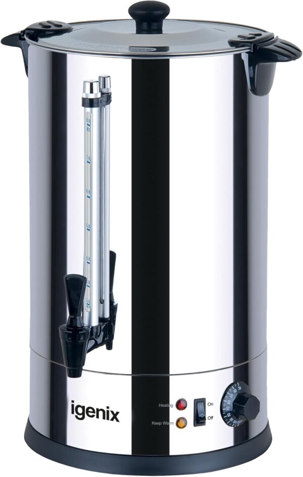 Igenix IG4030 30L Stainless Steel Catering Urn - Double Layer Design, 2800W Heating Element, Adjustable Thermostat - Ideal for Large Events and Commercial Use
