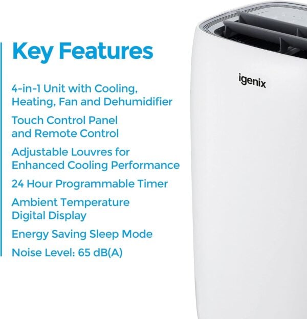 Igenix IG9922 12000BTU 4-in-1 Portable Air Conditioner, Cooling, Fan, Dehumidifier, White - Image 6