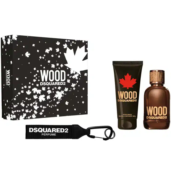 DSquared2 Wood For Him Gift Set 100ml EDT + 100ml Shower Gel + Key Ring - Image 1