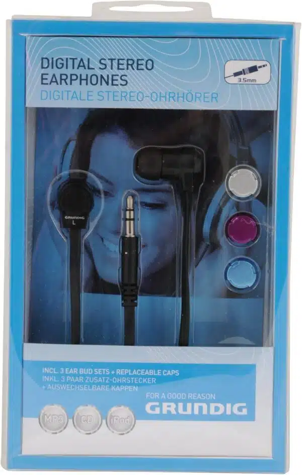 Grundig Digital Stereo Earphone, Flat Cable w/3 Caps