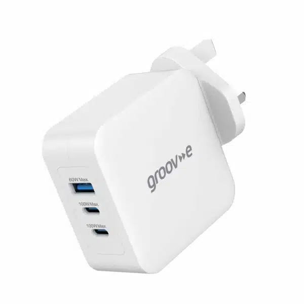 Groov-e GVMA110WE Dual USB-C & USB-A 100W GaN Wall Charger with Power Delivery - White