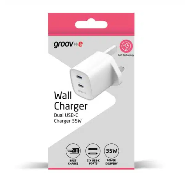 Groov-e GVMA108WE Dual USB-C 35W GaN Wall Charger with Power Delivery - White - Image 2