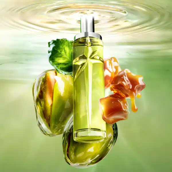 Mugler Starlicious Pistachio Praline EDT 75ml spray with pistachio nuts and caramel praline pieces background